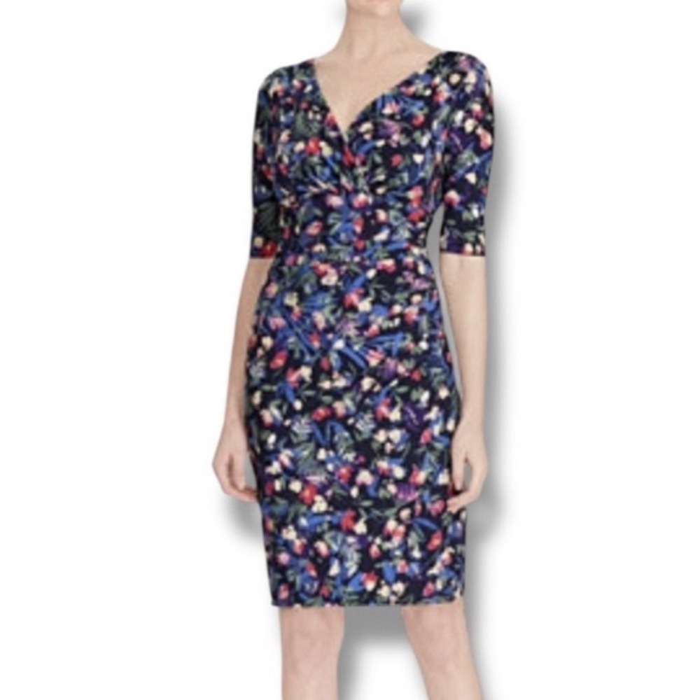 Lauren Ralph‎ Lauren Dress 16 Navy Blue Floral Rushed Midi Faux Wrap 3/4 Sleeve